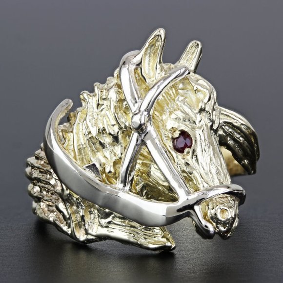 14K Yellow And White Gold & Ruby Eye Horse Head Equestrian Cowboy Cocktail Ring